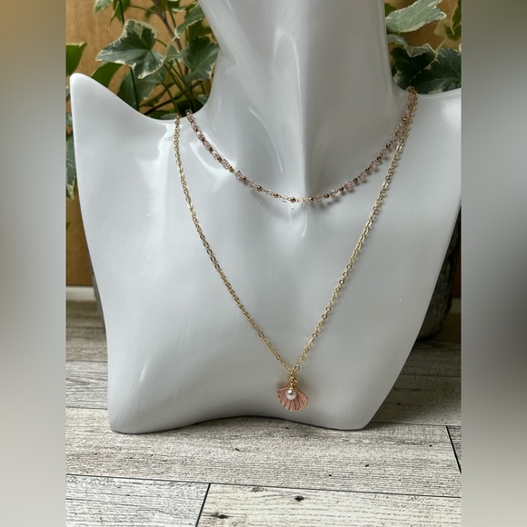 Beachy Chic Pink Multi-Strand Necklace Set- Sea Shell and Pearl Layered Necklace - Picture 3 of 12